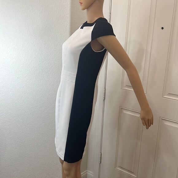 Zara Dress Scoop Neck Capped Sleeve Size Medium Slimming White Black Color Block - Picture 4 of 12